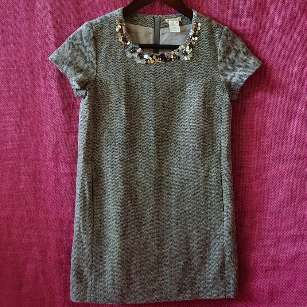 CREWCUTS Herringbone Tweed Embellished Neckline Wool Dress -12